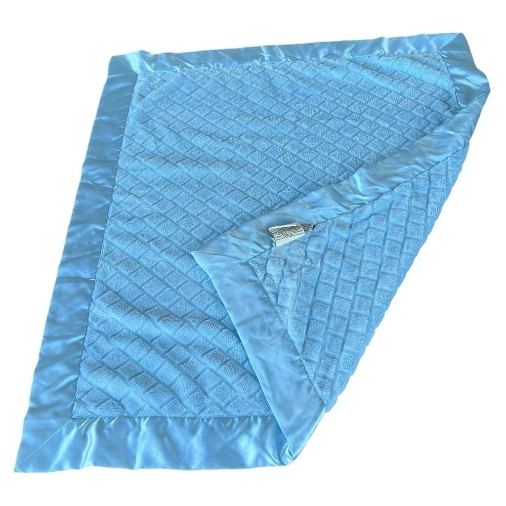 My Blankee Plush Minky Satin Trim Security Baby Blanket Blue 30.5 x 34 GUC